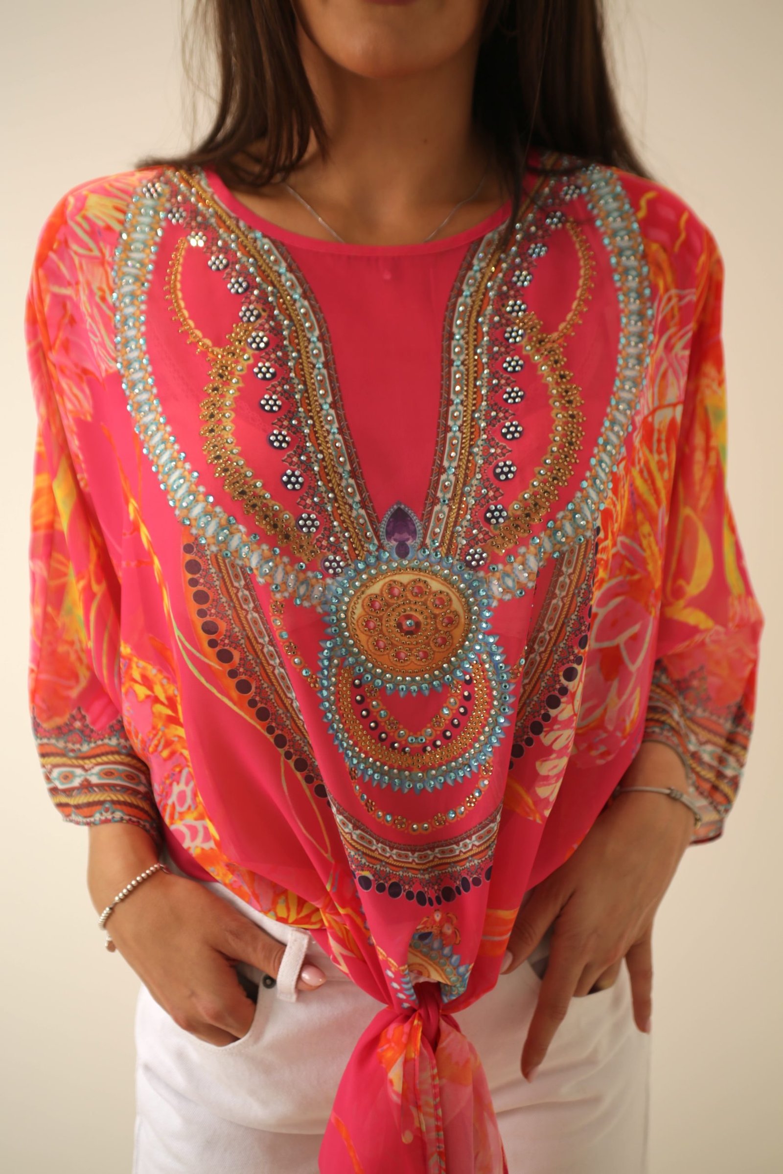 Cecily Pink/Orange Top with Tie Bottom Detail - Image 9