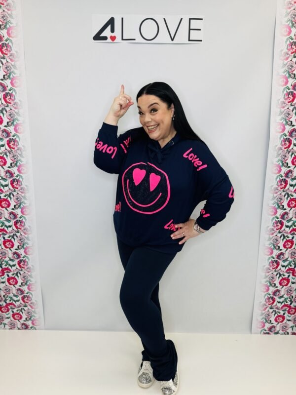 'L' Studded 'Happy' face motif with love print hooded sweatshirt