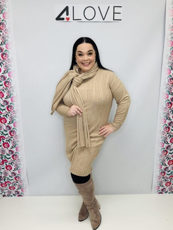 'L' Knitted cable detail jumper dress and scarf set