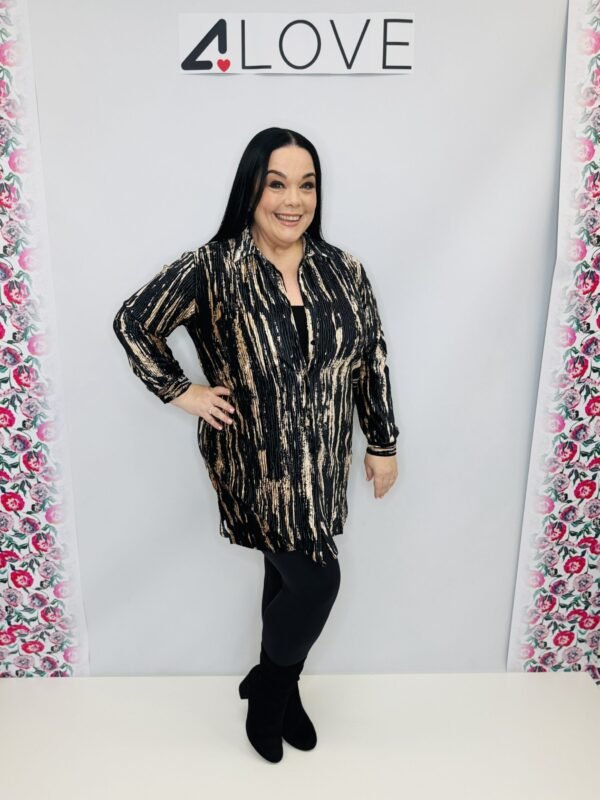 'L' Ribbed velvet feel black and gold shirt dress