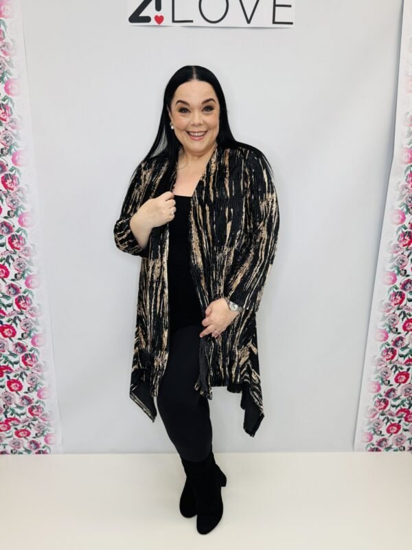 'L' Ribbed velvet feel black and gold waterfall cardigan