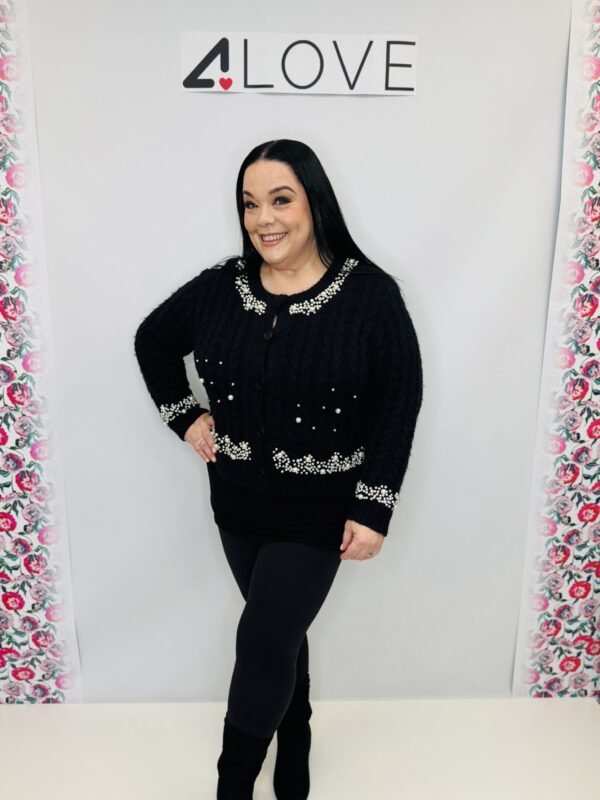 'L' Multi pearl detail chunky knit cardigan